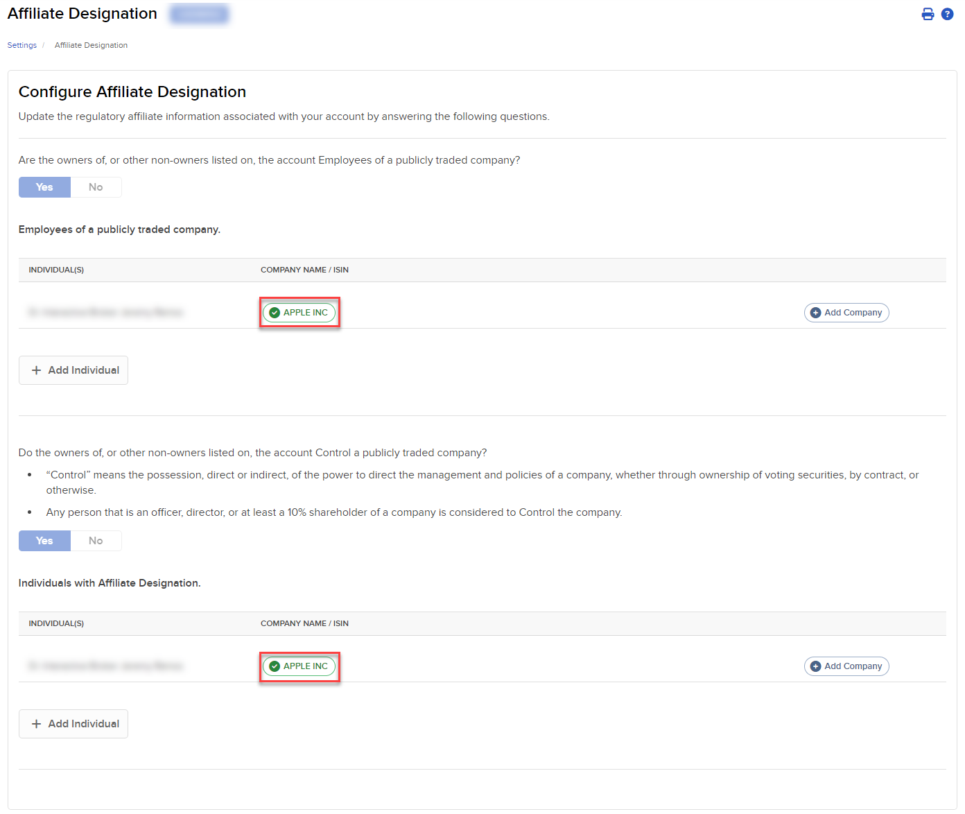 The configure affiliate designation panel in portal. 